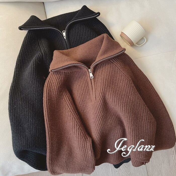 5色 短め丈 リブ ニット セーター ハーフジップ プルオーバー(MA648)σ,ς*