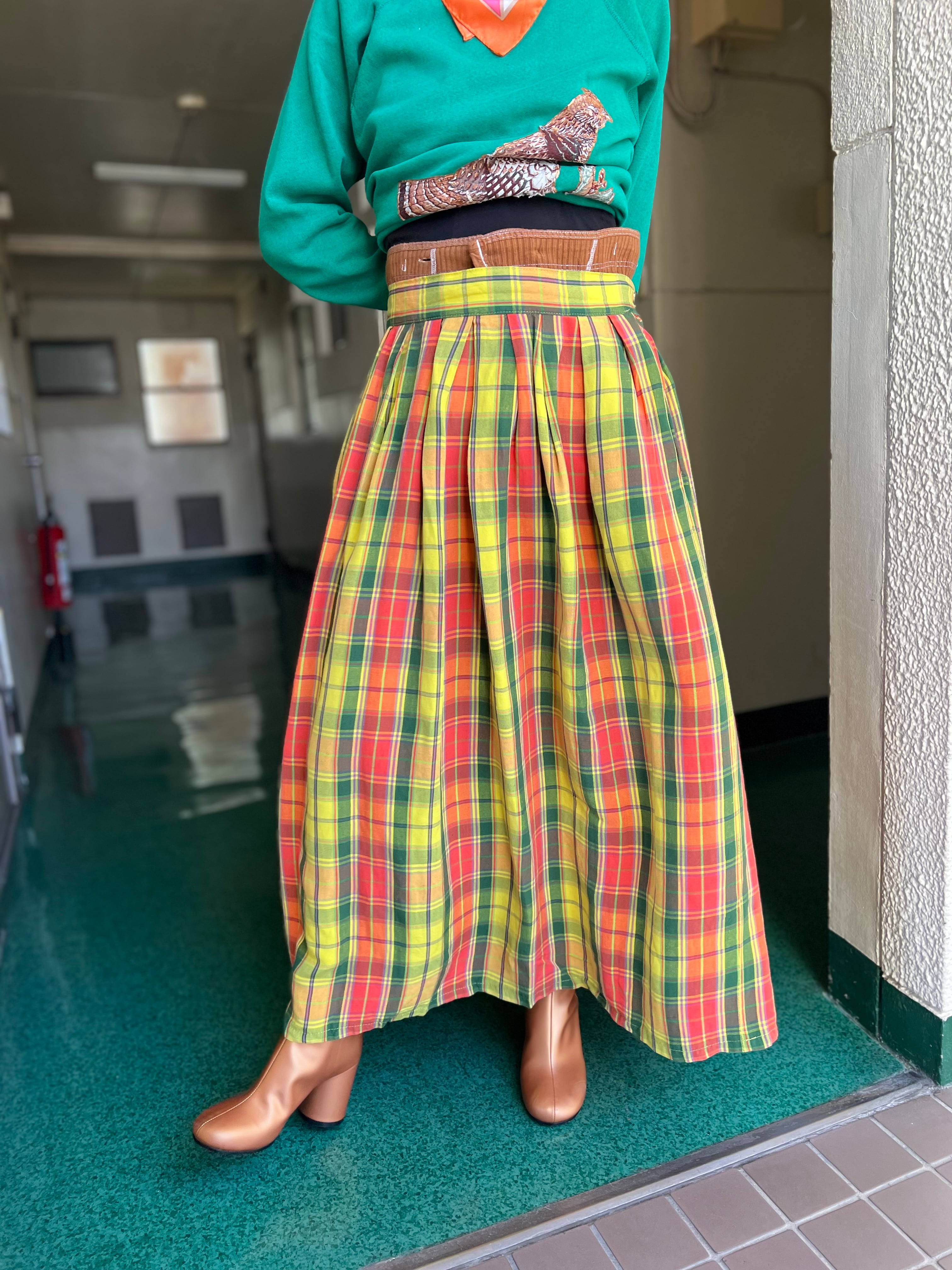 Vintage yellow plaid linen × rayon long skirt ( ヴィンテージ イエロー チェック柄 レーヨン × リネン ロング スカート )