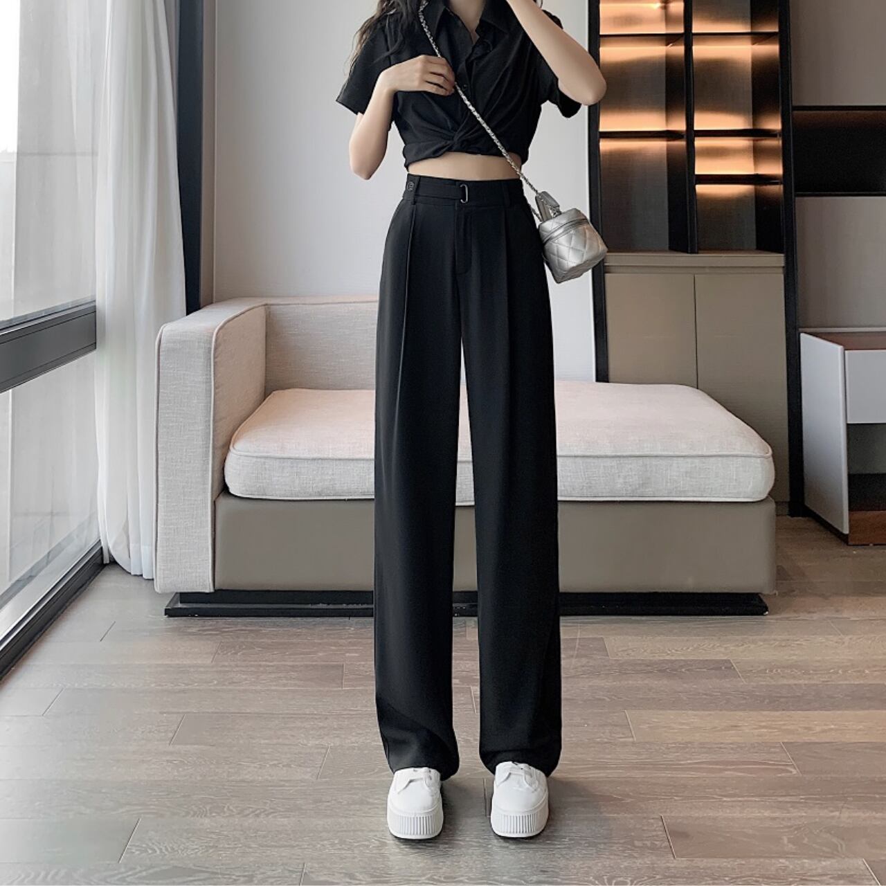 ハイウエスト ワイドレッグ タック パンツ 341162