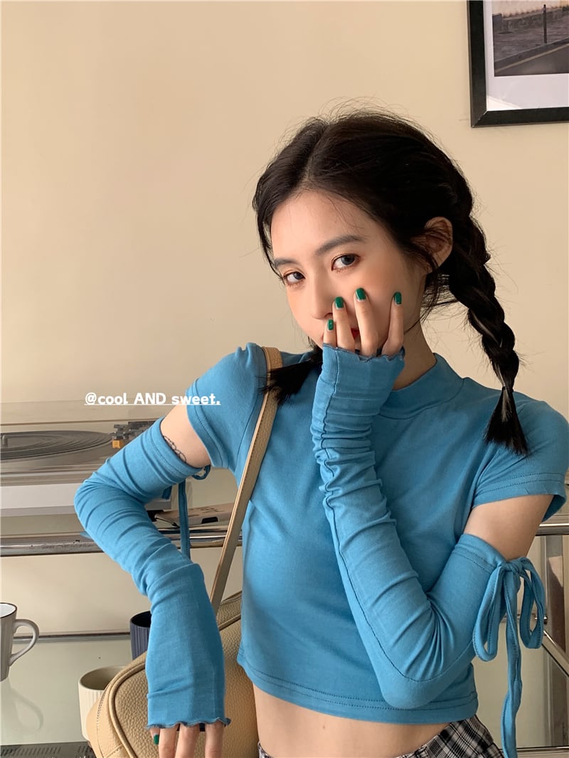 蝶ネクタイ取り外し可能な長袖Tシャツレディース2020秋新しいタイトフィットショートインナーベースシャツトップ ブラックストロベリース31037853488