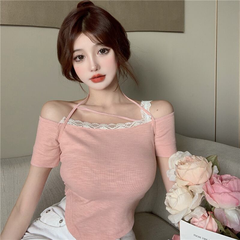 レースニットTシャツ サマーショートスタイルトップス 夏物 ピュア ブラックストロベリース68821453746