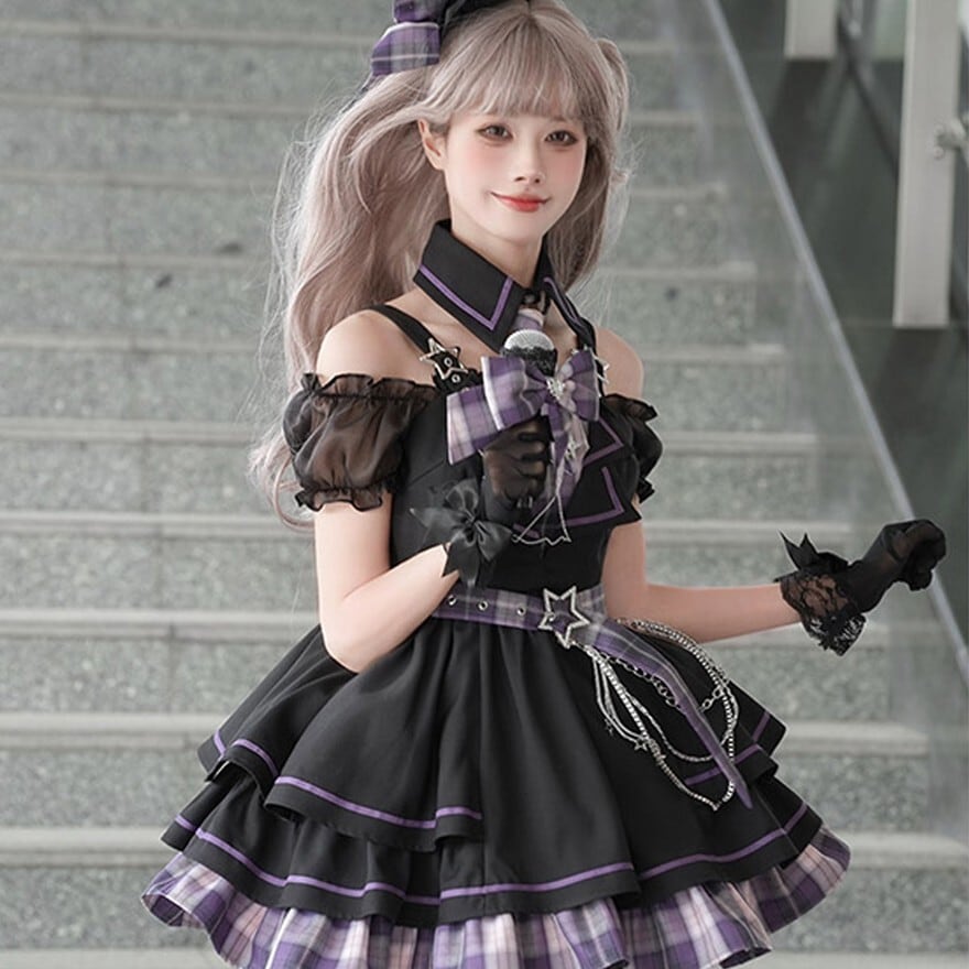 ライブ衣装 ブラック×パープルチェック柄セットアップ レッグカバー