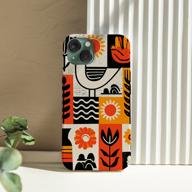 受注生産 iPhoneケース 太陽と花の白背景フォーク柄｜フォークアート FMSY019B