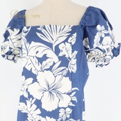 フラダンス 衣装 ワンピース ドレス ホワイト系 ネイビー系 ツーカラー ハイビスカス柄 パフスリーブ かわいい 華やか 鮮やか 明るい 爽やか 大人っぽい ハワイアンダンス レディース ハワイアン アロハ ハワイアンプリント フラ ダンス レッスン 練習