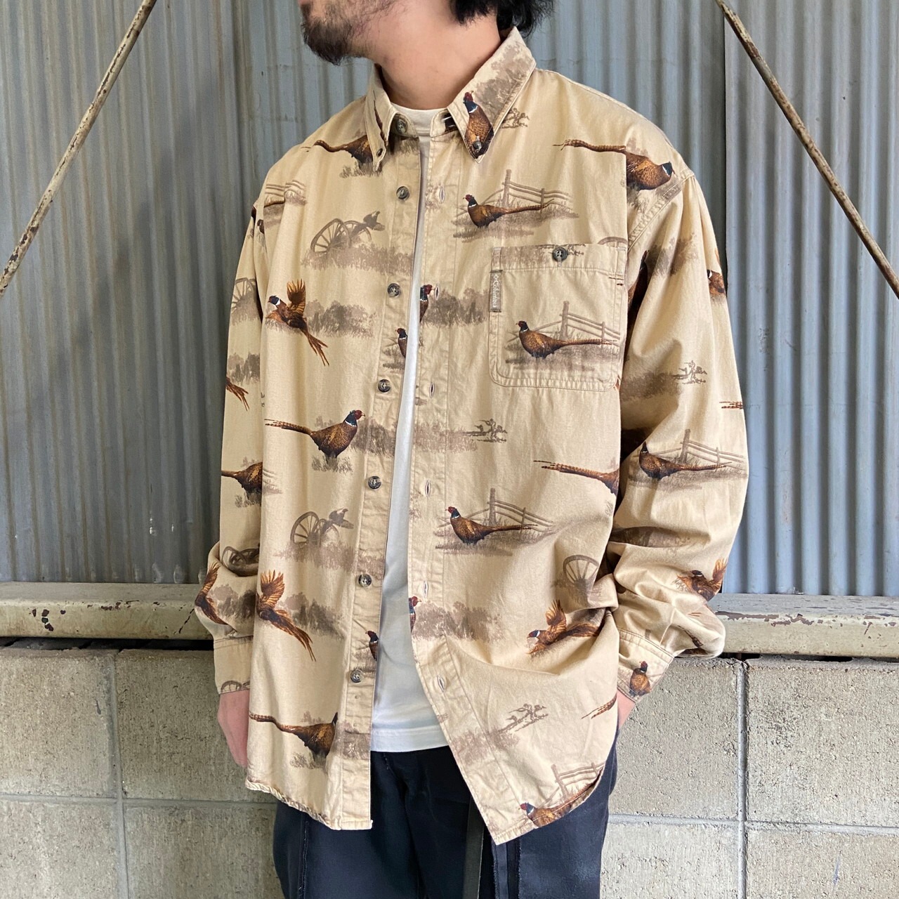 00年代 Columbia コロンビア キジ 鳥 総柄 長袖コットンシャツ メンズL 