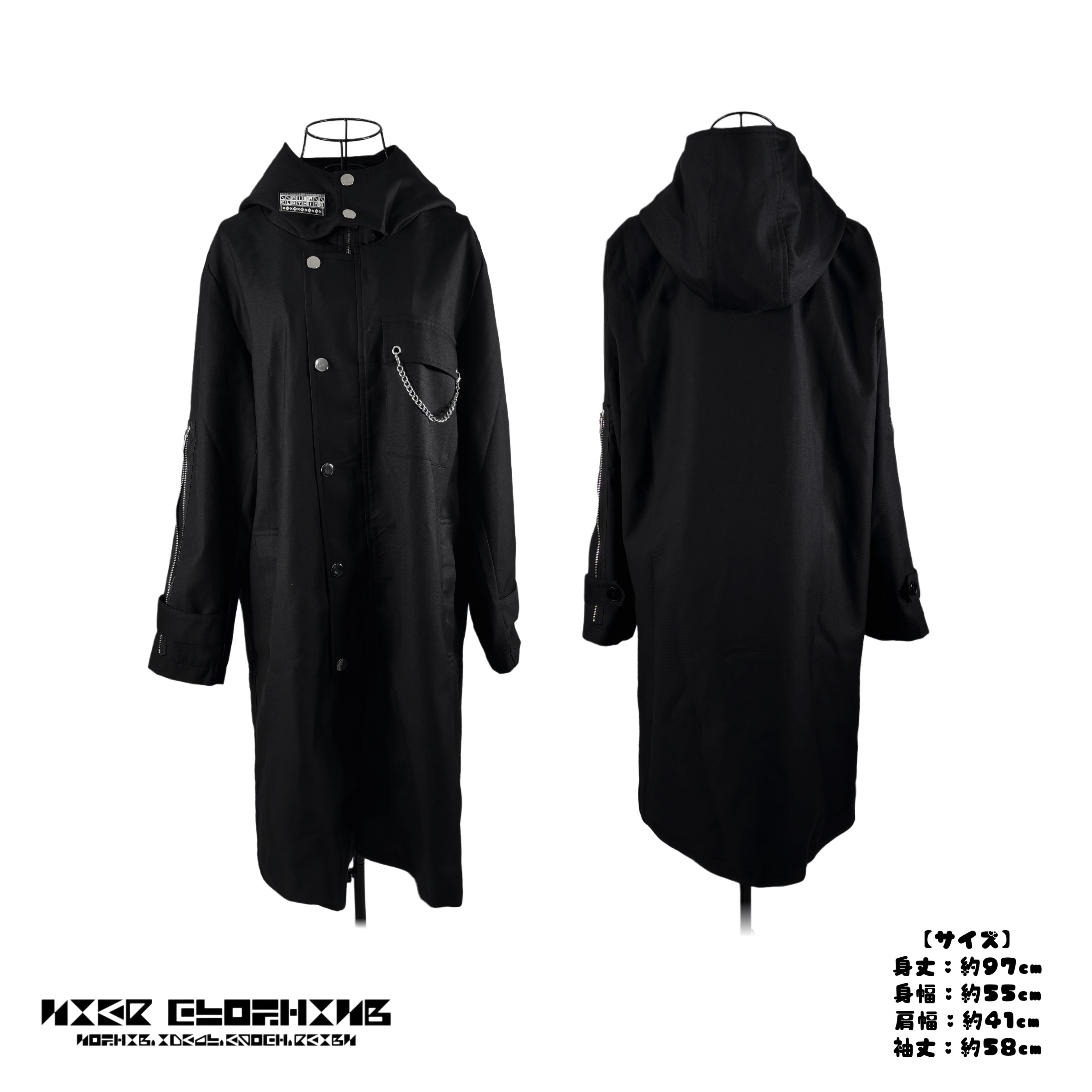 【NieR Clothing】STYLISH BLACK LONG COAT フード付きBLACK HIGHNECK SPRING LONG COAT【RUBBER LOGO】 | NIER