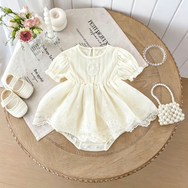 【BABY】クリームシェイクレース半袖ロンパース - 5
