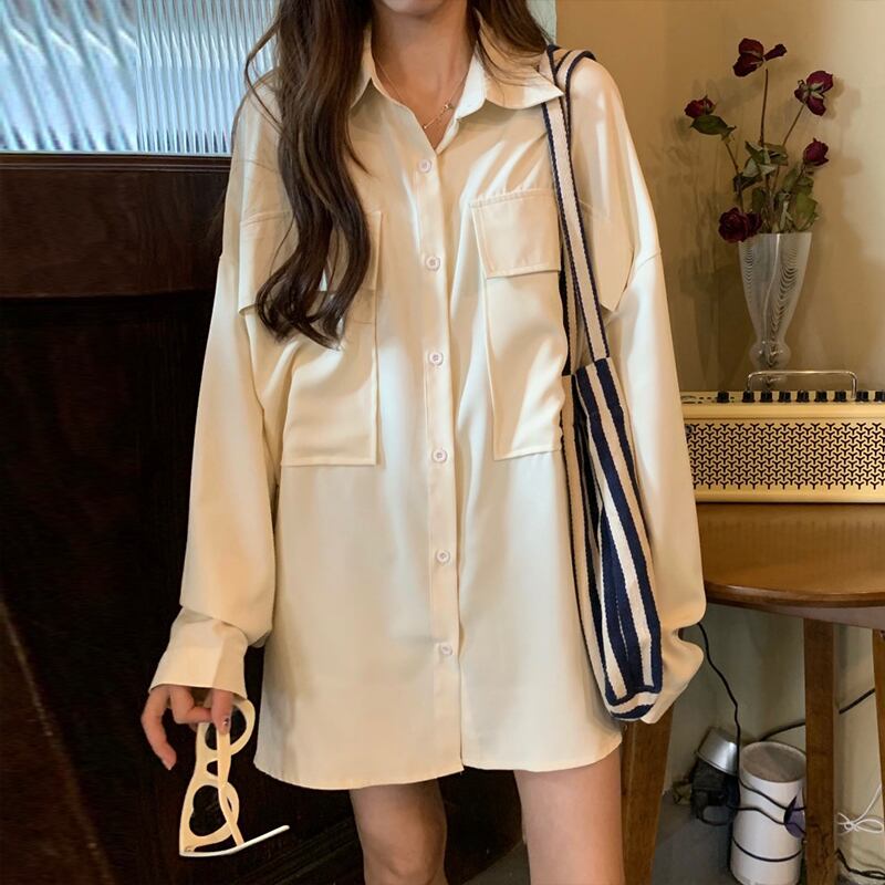 ソリッド カラーポケットシャツ ルーズスプリング薄手トップス ロング 春物 ソリッドカラー 萌量不足68942949021