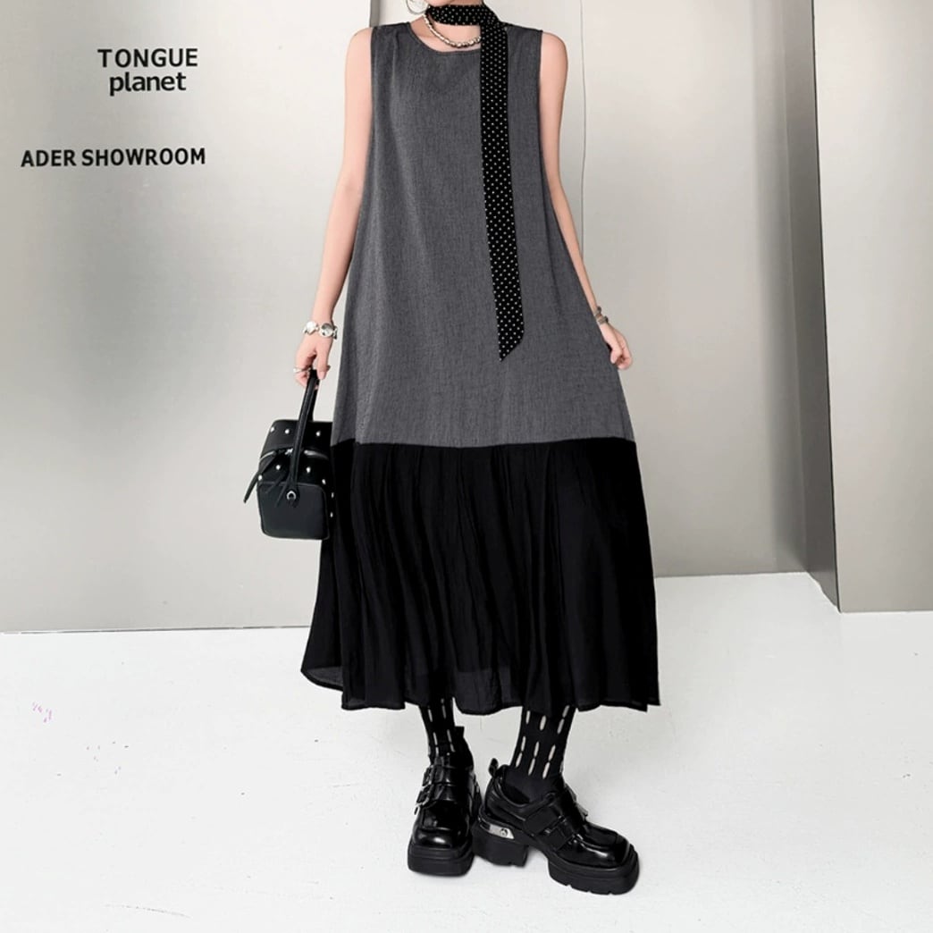 ノースリーブ 切り替え プリーツロングワンピース 1color ON1055