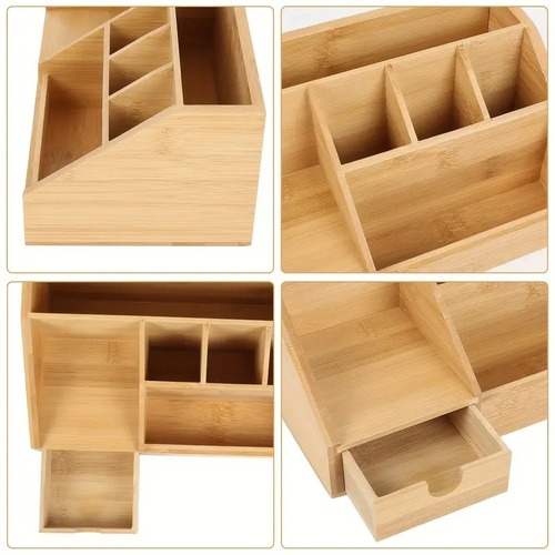 デスクオーガナイザー 引き出し付き ペン立て 小物入れ 収納ケース 収納ラック 卓上収納 仕切り 文房具入れ ペンホルダー インテリア雑貨 日用品 竹製