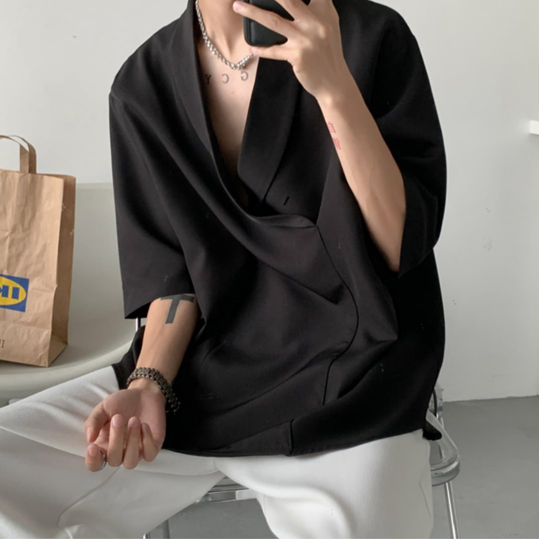 Cuban collar three-quarter sleeve shirt