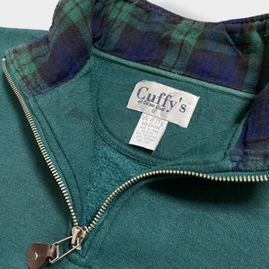 【Cuffy's of Cape Cod】ワンポイントロゴ 刺繍ロゴ ハーフジップ スウェット AUTHENTIC SWEATS ORIGINAL CLASSIC プルオーバー ディーグリーン チェック MEDIUM US古着