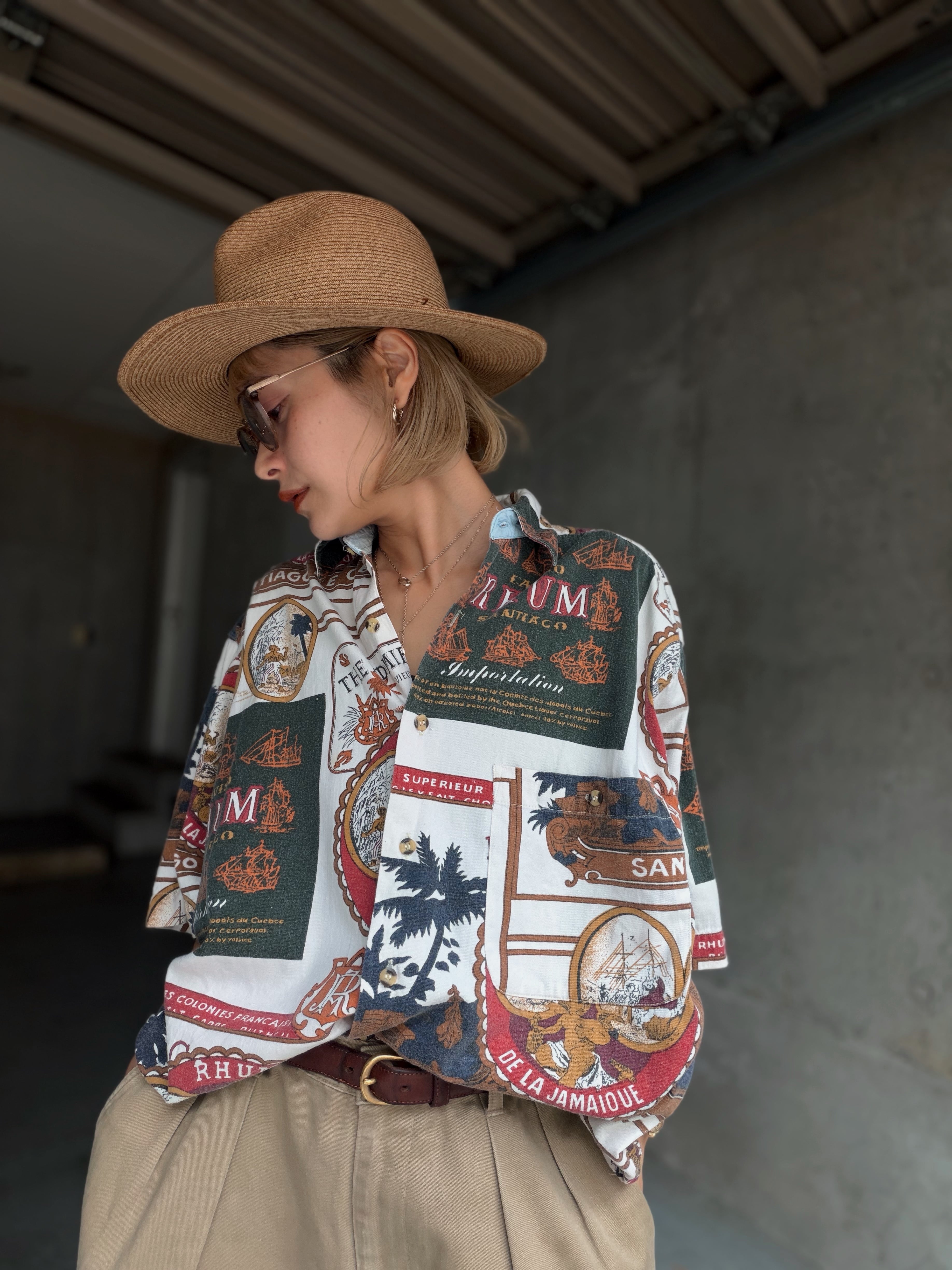 (SH1386)90’s Santiago rum print cotton shirt