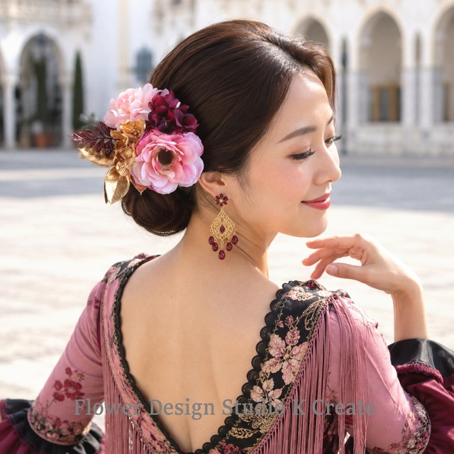 ピンクアネモネとボルドー紫陽花のブーケ風フローレス｜フラメンコ髪飾り・Flamenco Hair Accessory