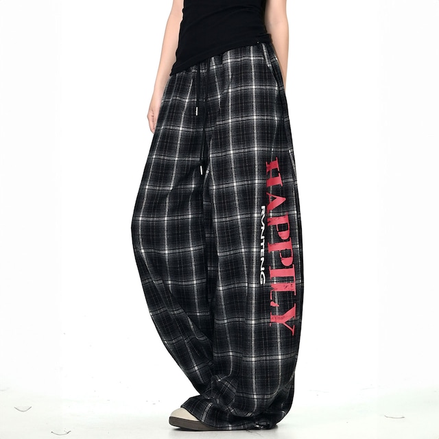 レトロチェックロゴルーズワイドパンツ 2col R01062