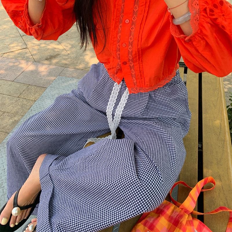 Drawstring gingham check wide pants 00395