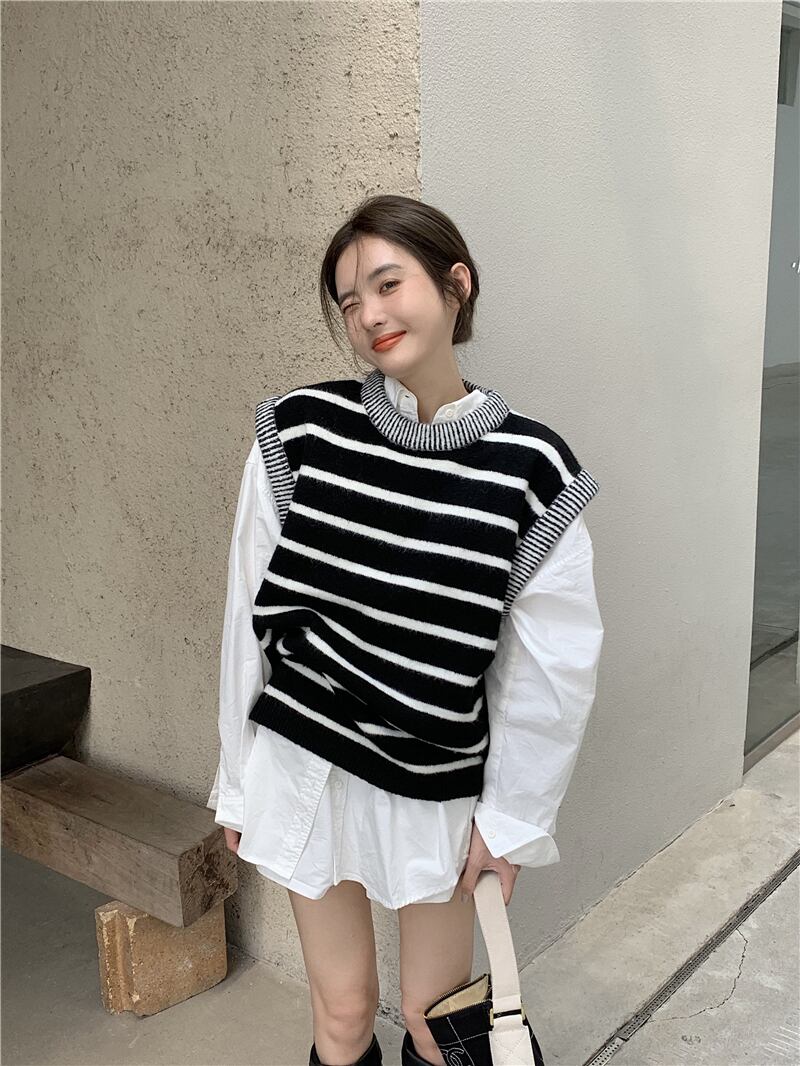 カラーラウンドネックストライプニットスタイルジャケット Oネック ブラックストロベリース84065295304