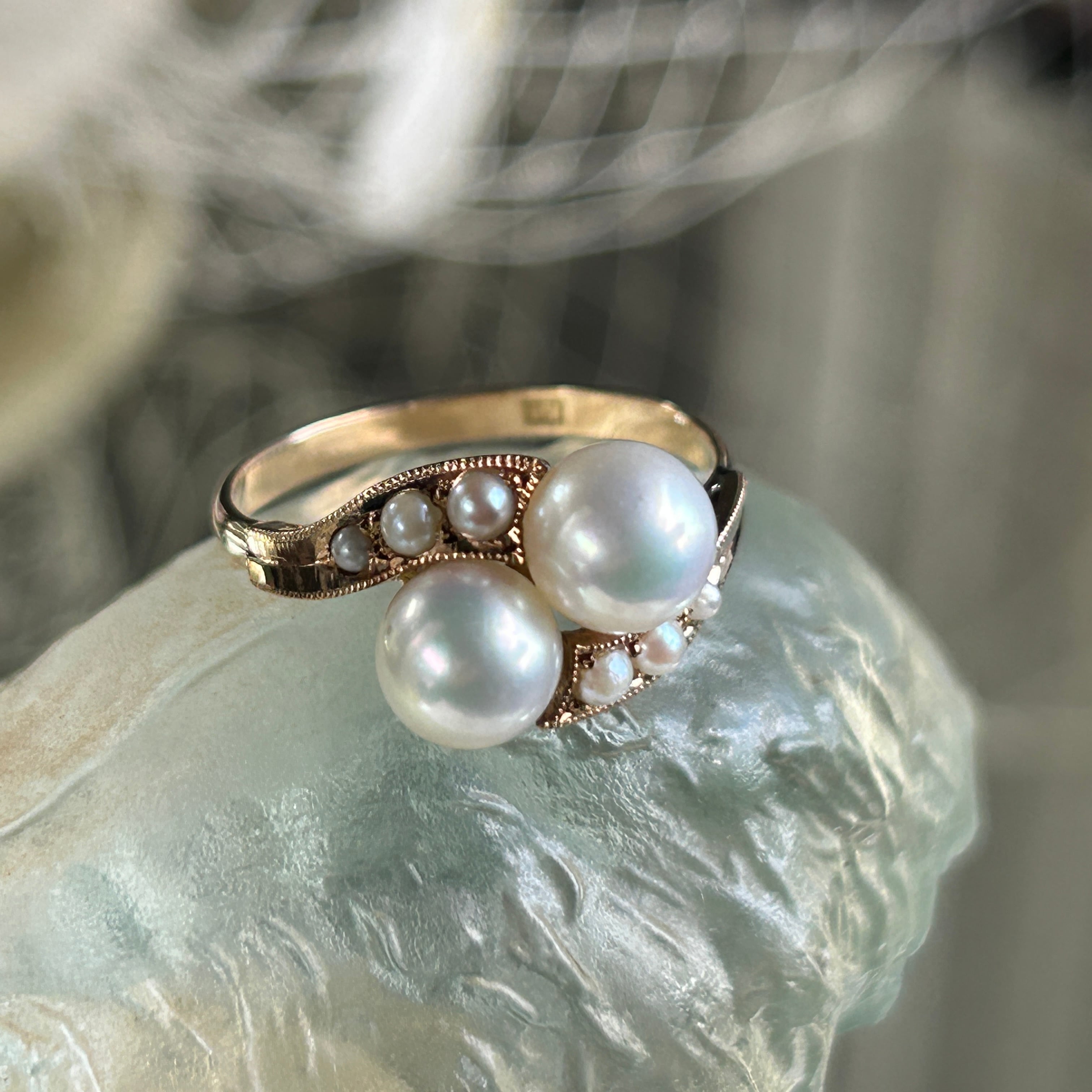 ヴィンテージ　18金美珠アコヤと芥子のトワエモアリング