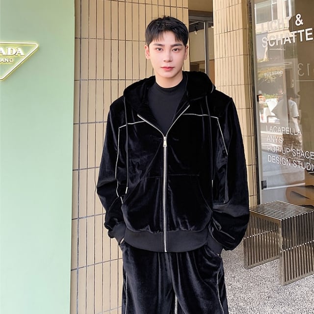 予約販売】メンズ セットアップ 上下 長袖 ベロア調 ブラック ライン