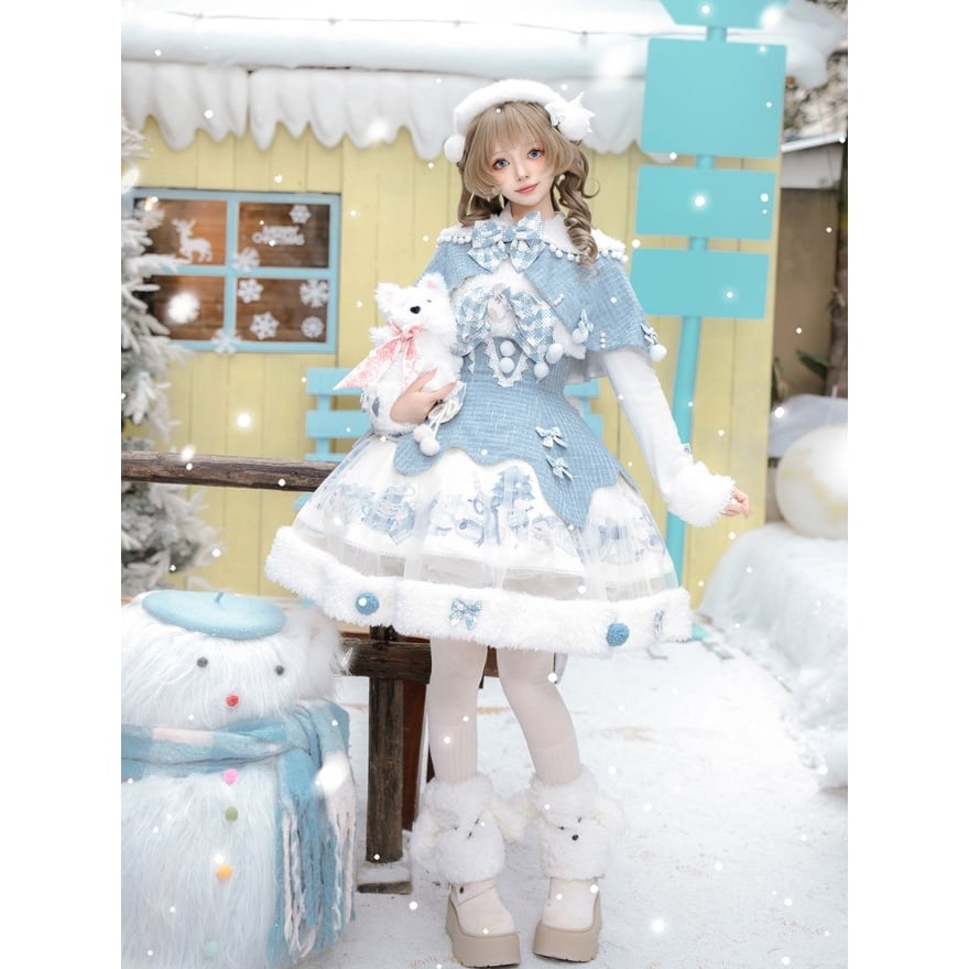 冬に映える 甘ロリセットアップ ふわもこ ケープ付き ガーリー ブルー