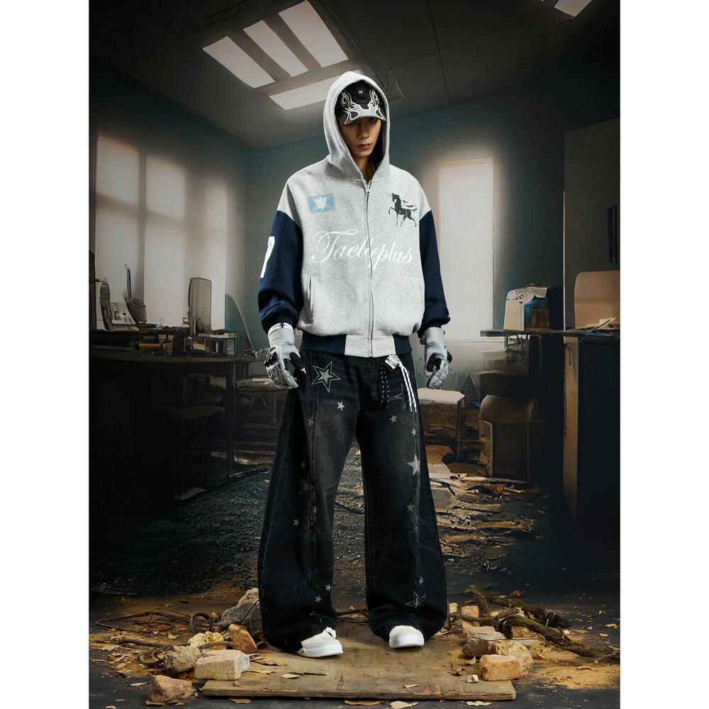 VINTAGE ストリート カラーブロックスリーブジップパーカー T2007 | wshot