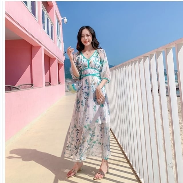 サマー ドレス リゾート レディース マキシ ワンピース L 白 × 青 花柄