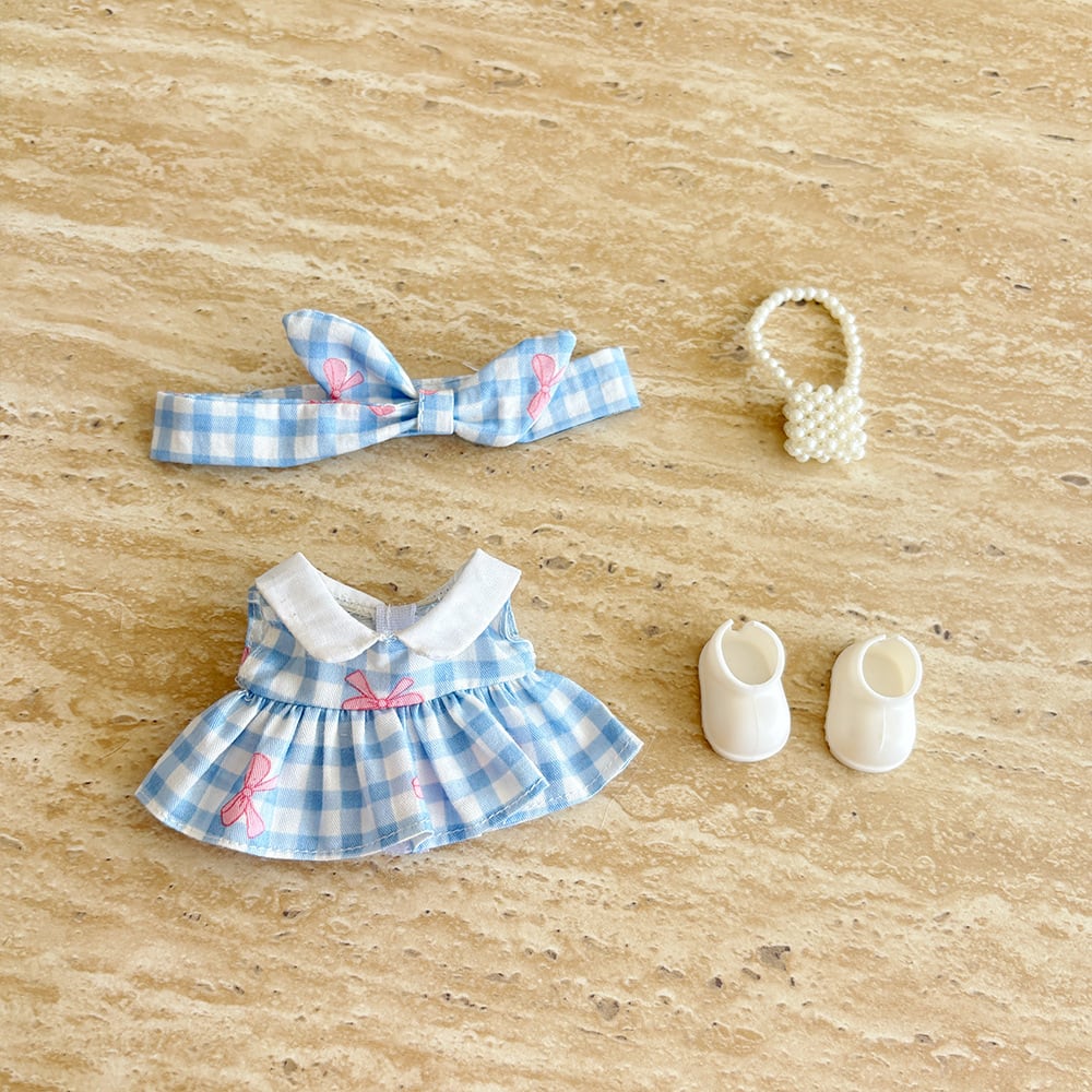 Labubu 1-3代対応 夏 チェックワンピース+ヘアアクセサリー+靴+バッグ