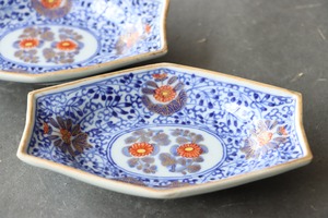 九谷焼 色絵 花唐草文 舟形 変形皿/Kutani boat shaped plate