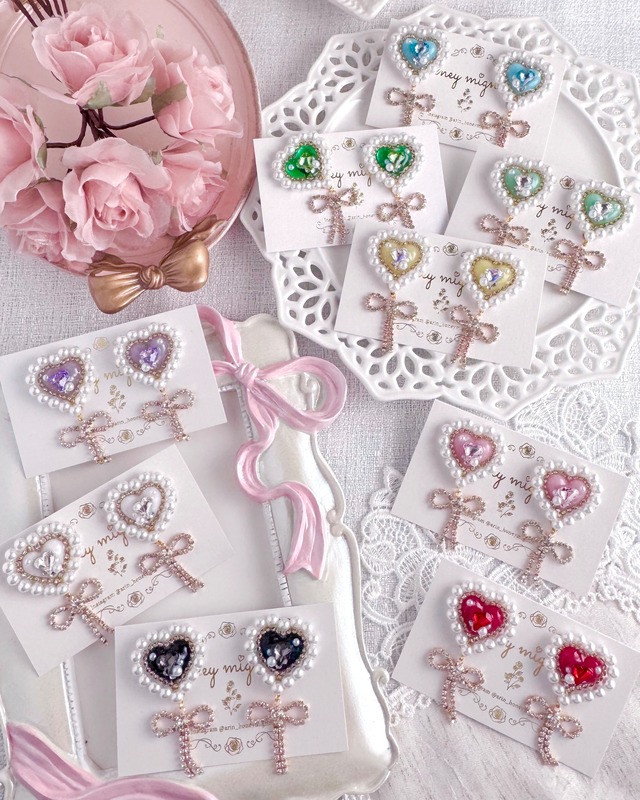 ハートストーンリボンピアス/イヤリングE【HE-34】