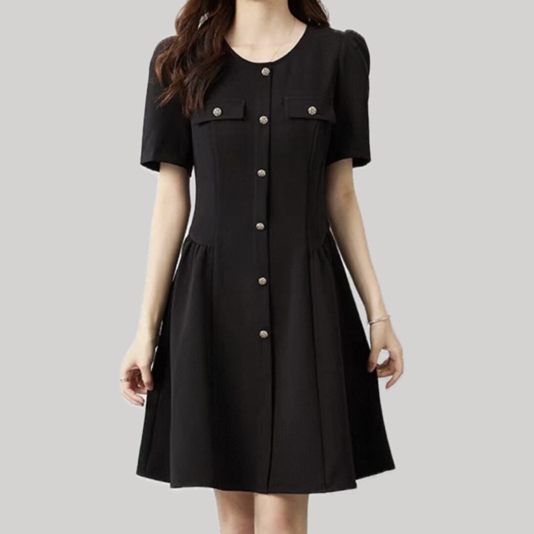 Black waist shirring design metal button short sleeve A line dress 00178