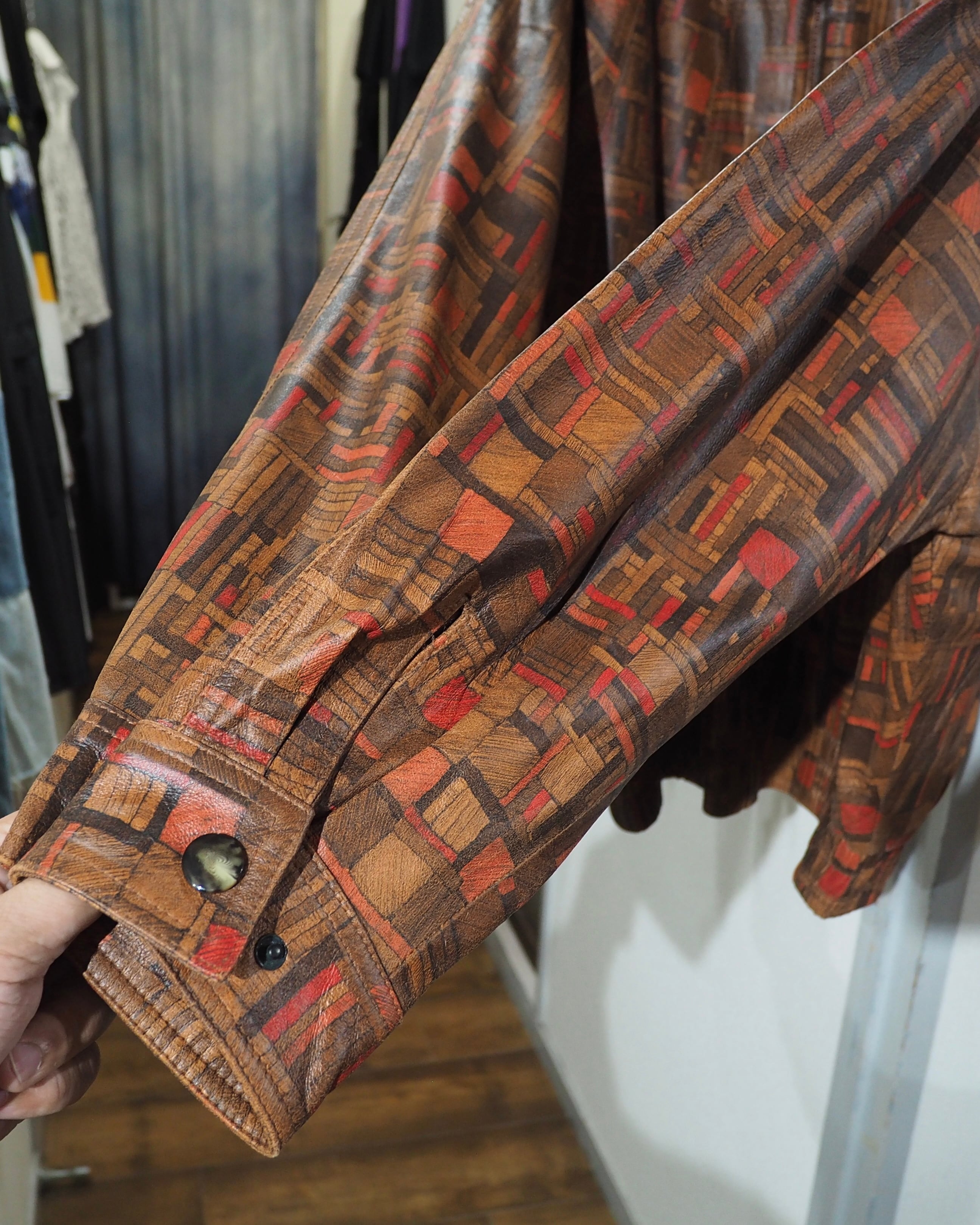 1990s Beautiful Abstract Square Pattern Vintage Loose Sheep Leather Jacket