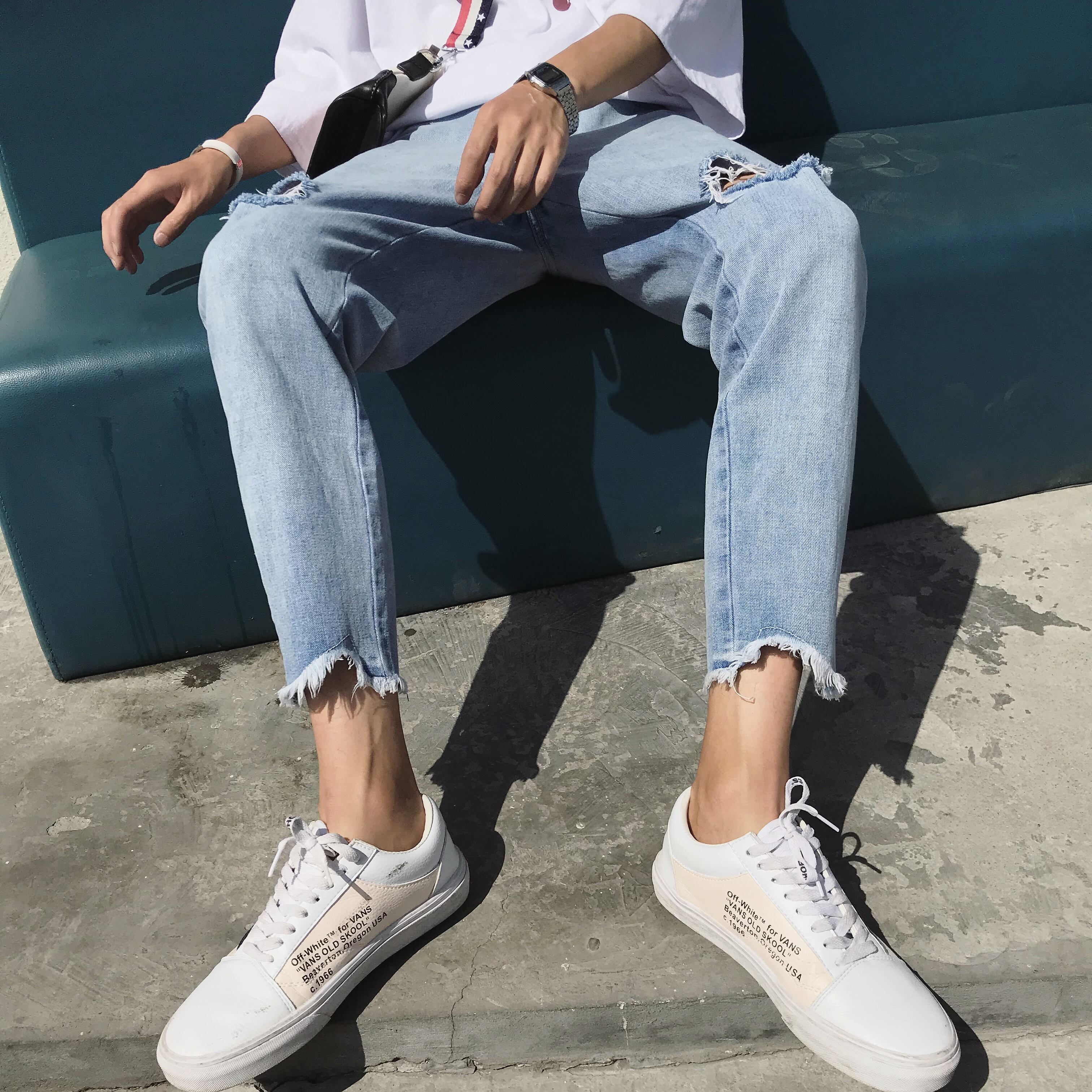 全2色 デニム パンツ ストレート カジュアル ダメージ 無地