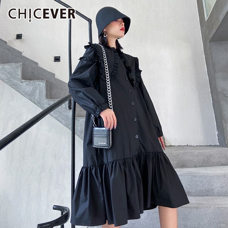 CHICEVERヴィンテージパッチワークフリルドレス女性フリルカラー長袖特大アシンメトリーミディド​​レス2020 ロング ビンテージ 6base557392778914