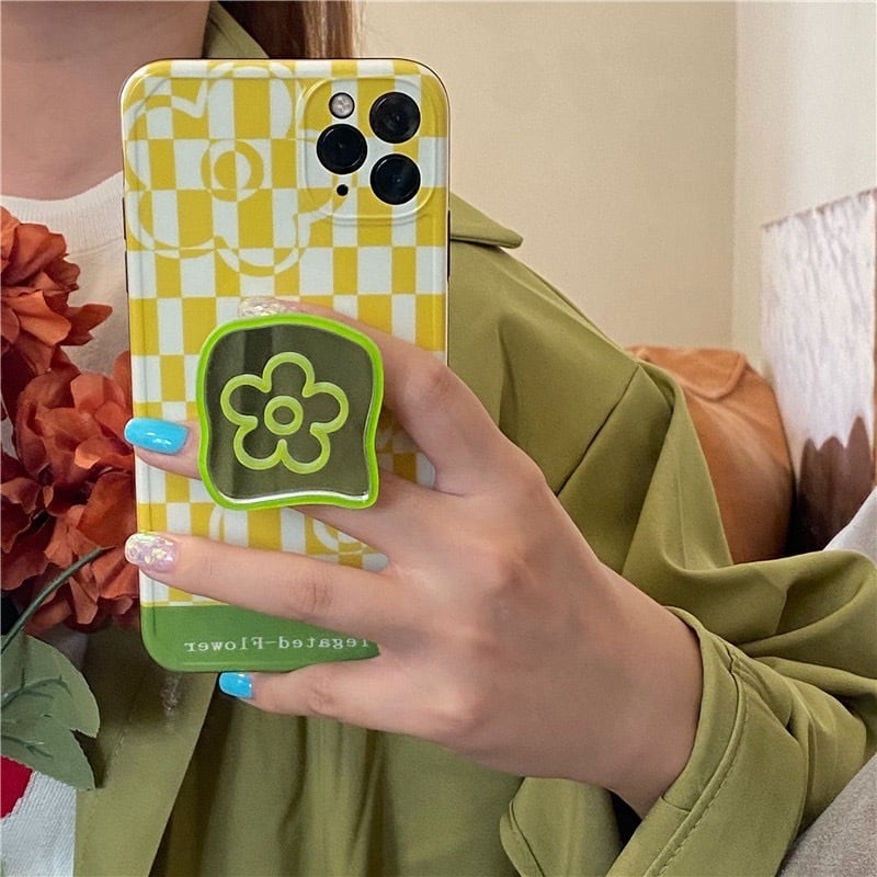 スマホスタンド付き】花柄ミラースマホリング付きチェッカーズiPhone