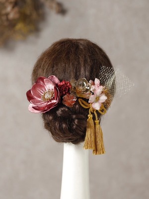 【紅花翁草（アネモネ）髪飾り　ゴールドピンク】成人式　卒業式　結婚式 k-0134