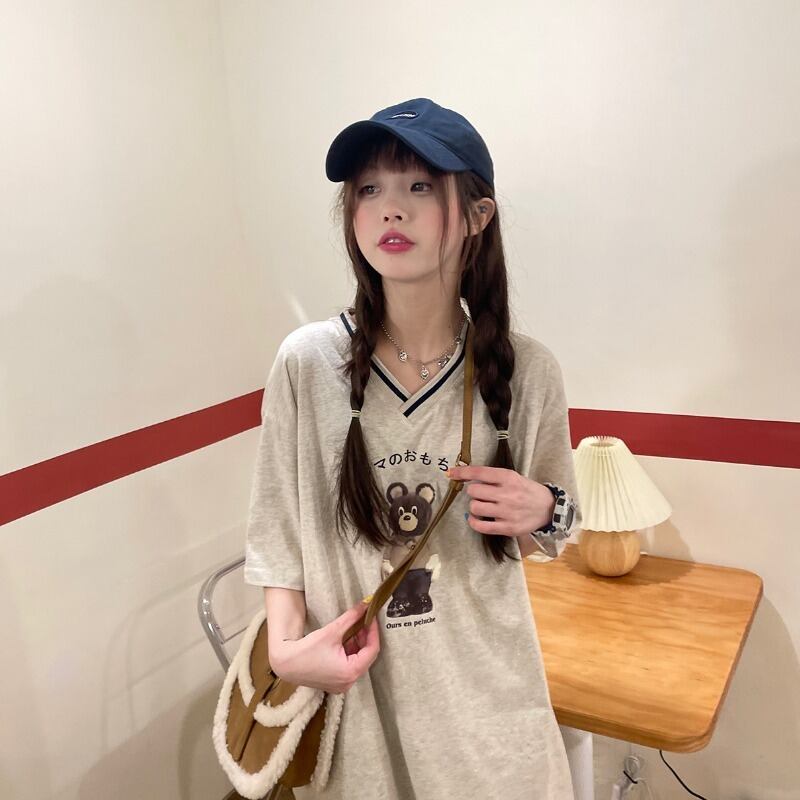 Vネックブラウス サマー薄手ルーズロングTシャツ 大人ガーリー スウィート キュート カジュアル 夏物 萌量不足5683767542