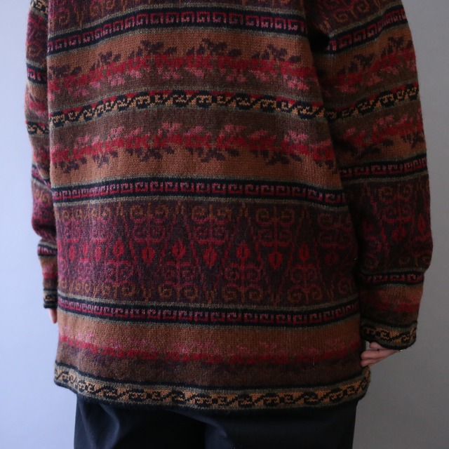 flower and geometry pattern no-collar knit jacket