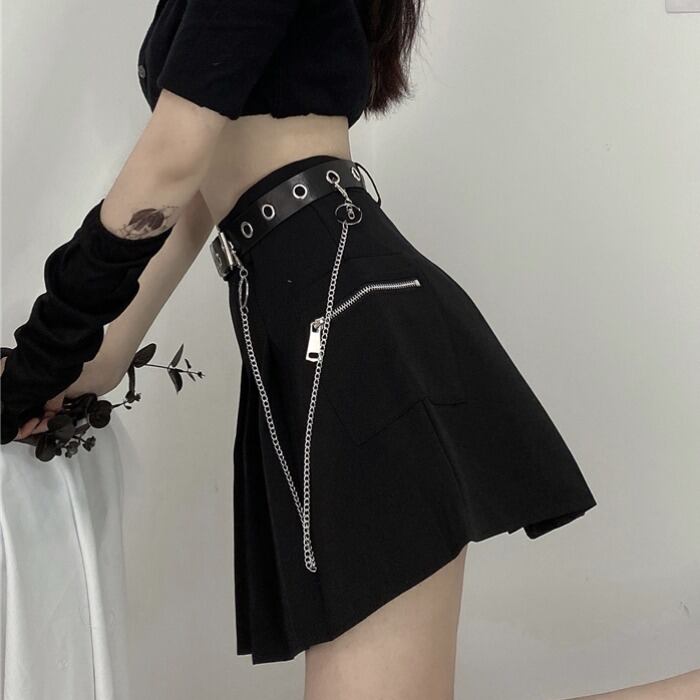 チェーン Aラインスカート サマー薄手ハイウェストプリーツブラックショート 夏物 1号婦人26331485768