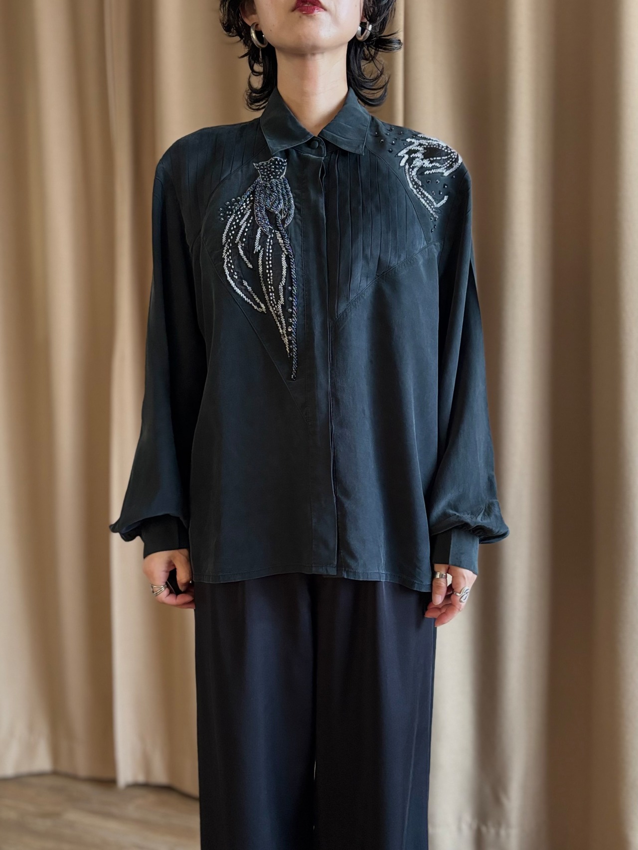 mode beaded embroidery black shirt-5313-7