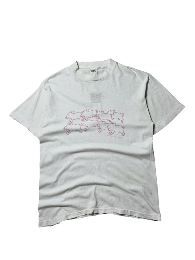 ［90s］FRUITS OF THE ROOM Noveltex Minimal Pink Pig Line Art Graphic T-shirt L
