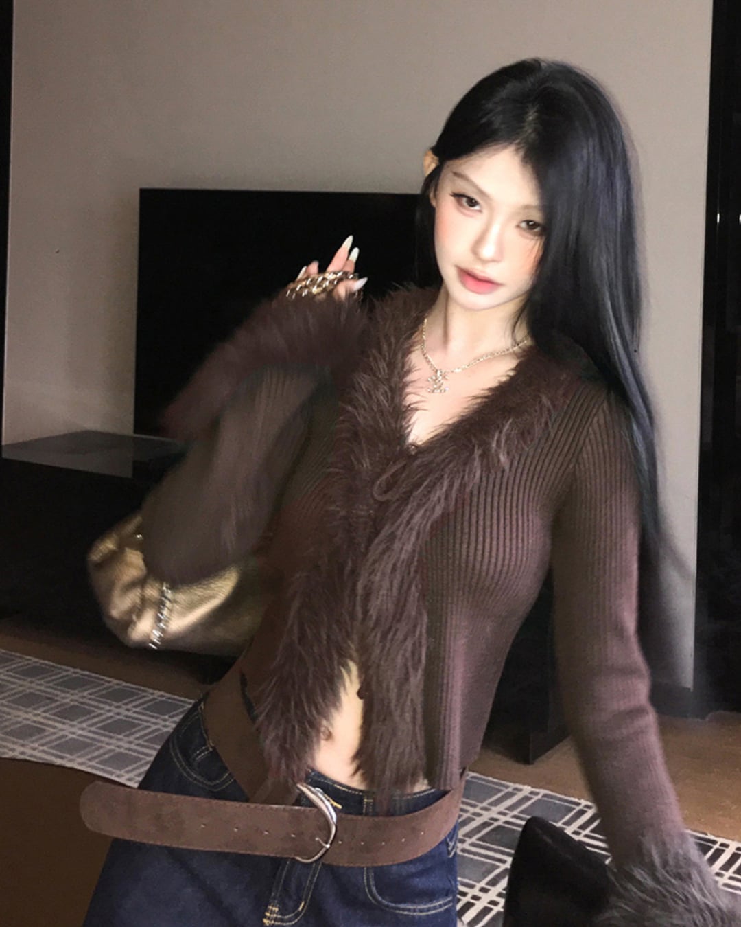 フェザーデザインリブニットカーディガン l5276