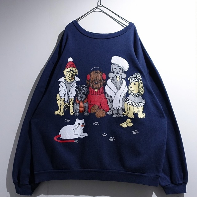 90s Navy Various Dog Animal Print Design Sweat