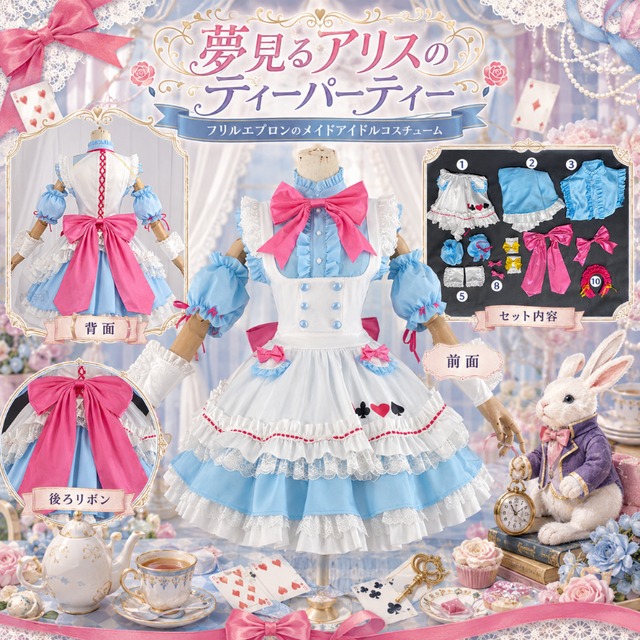 メイドアイドル衣装｜アリス風ブルー×ピンクのフリルコスチューム10点セット