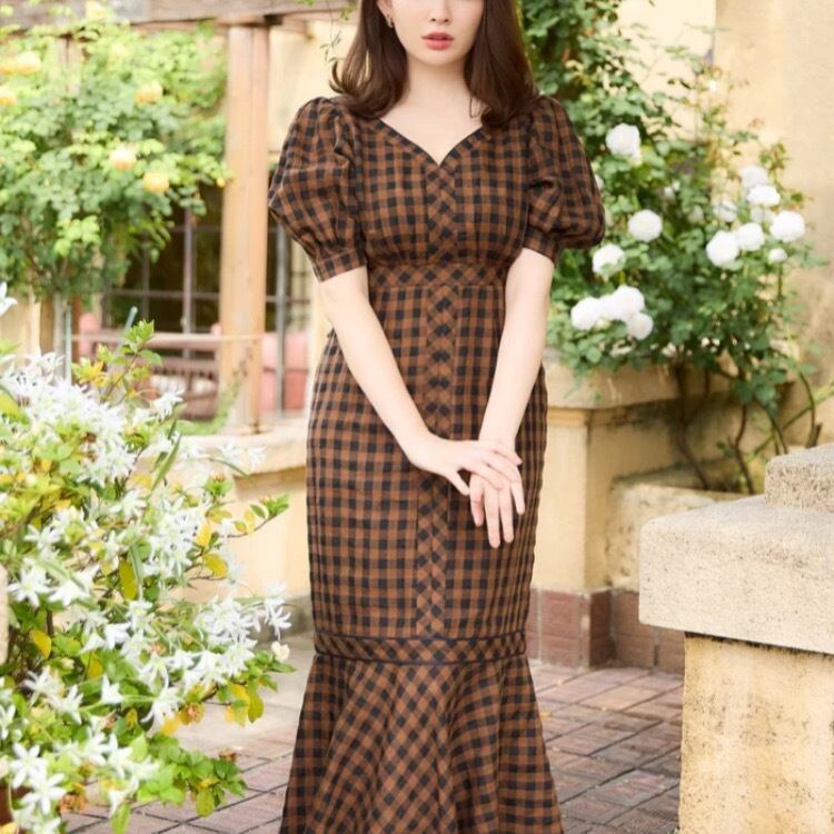 ヴィンテージ半袖Vネックレースアップマーメイドドレス29172