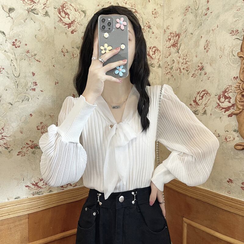 プリーツスリーブセーター スプリングオータムホワイトVネックショートトップス 春物 秋物 萌量不足13065578883