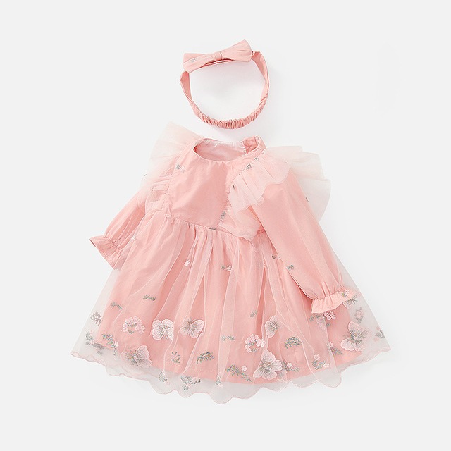 ふんわりチュールの蝶々刺繍ワンピース(ヘアバンド付き)