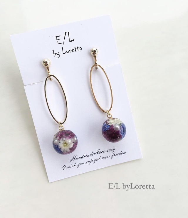 Mini flower ball oval hoop pierce/earring(Purple)