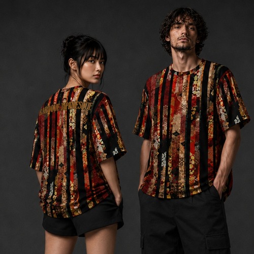 和紋様装飾ストライプ　レッド　和柄ユニセックス 180G Performance Tシャツ