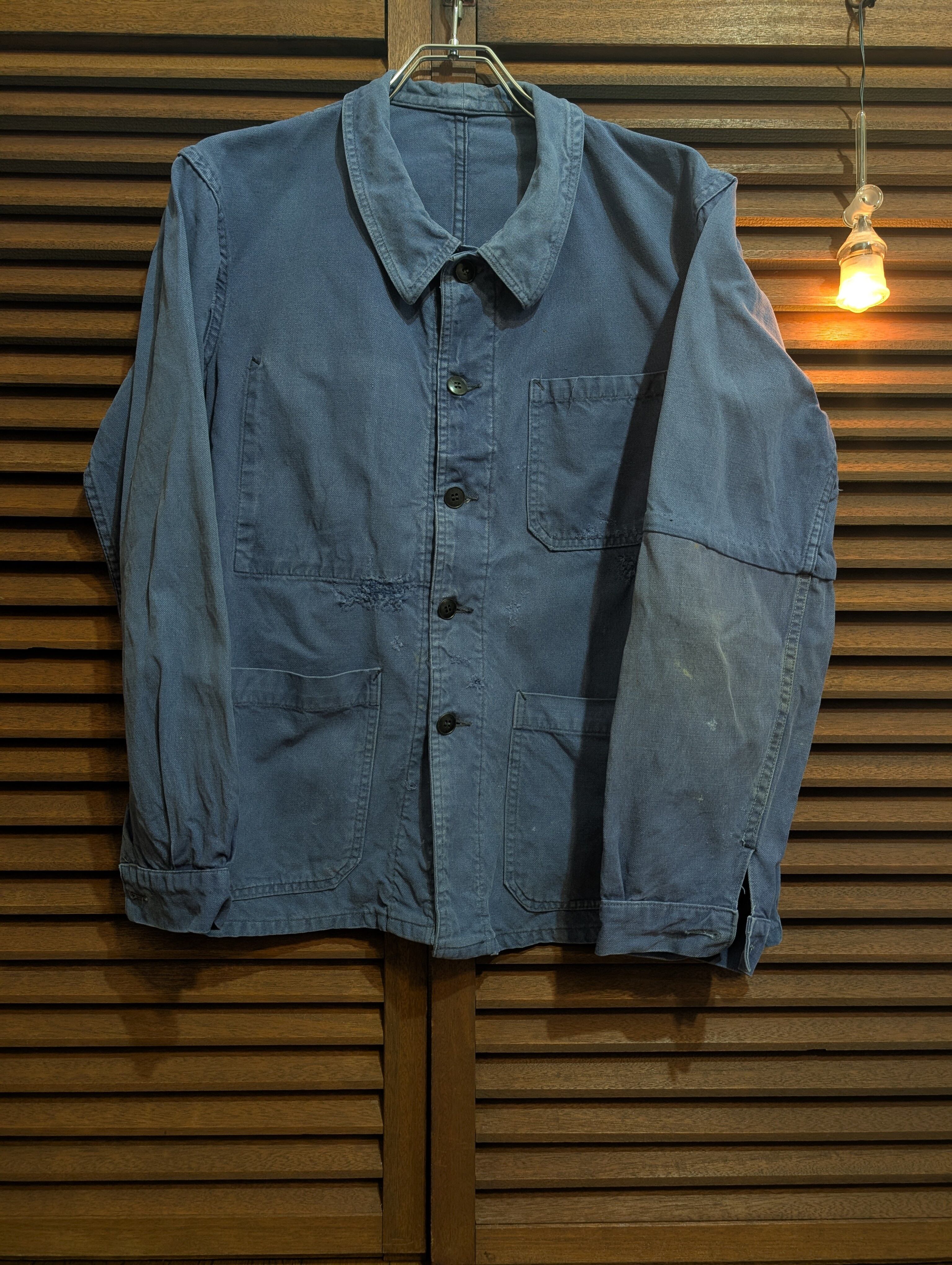 60s France CottonTwill Work Jacket PrintTag Repaired Faded