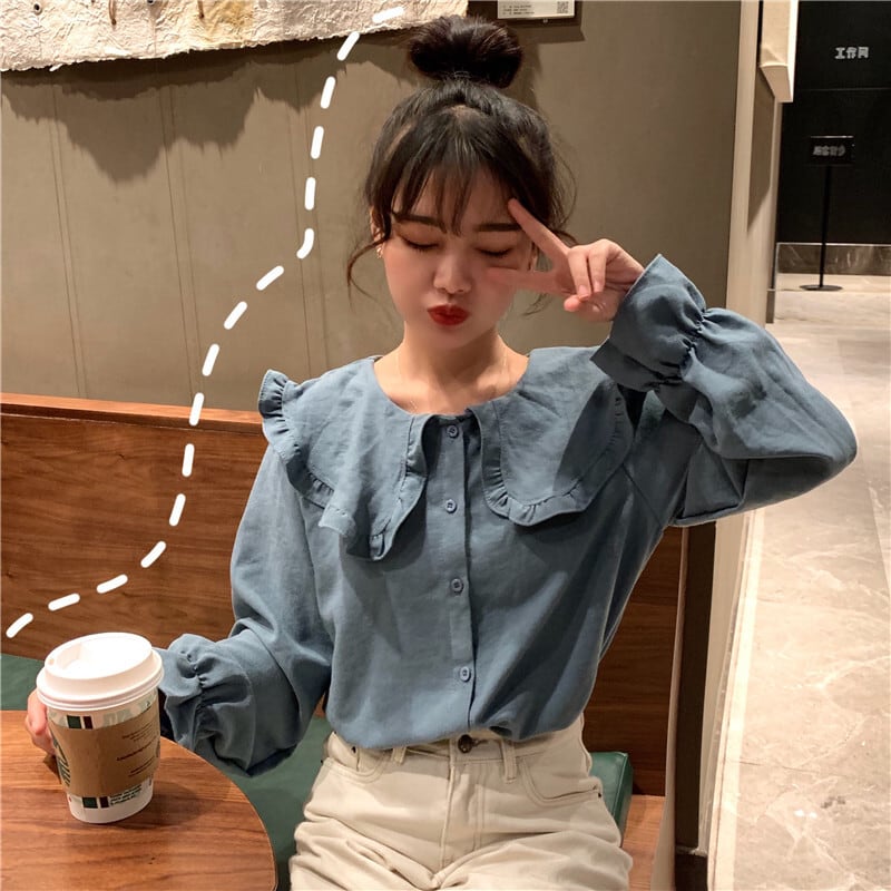 長袖シャツ女性デザインセンスニッチドールカラーフリルシャツルーズパフスリーブスケミングトップスプリング 1号婦人80287764153